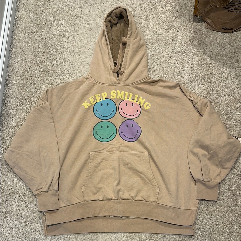 Tan Hoodie with Smiley Faces
